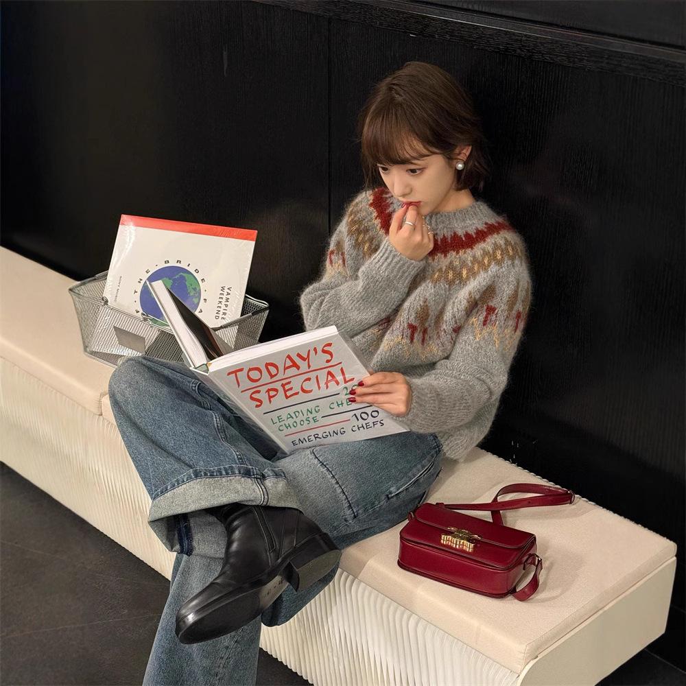 Темно-синий свитер из мохера с жаккардовым узором в стиле Fair Isle для женщин - Осень/Зима Корейский стиль Рождественская атмосфера Свободный крой