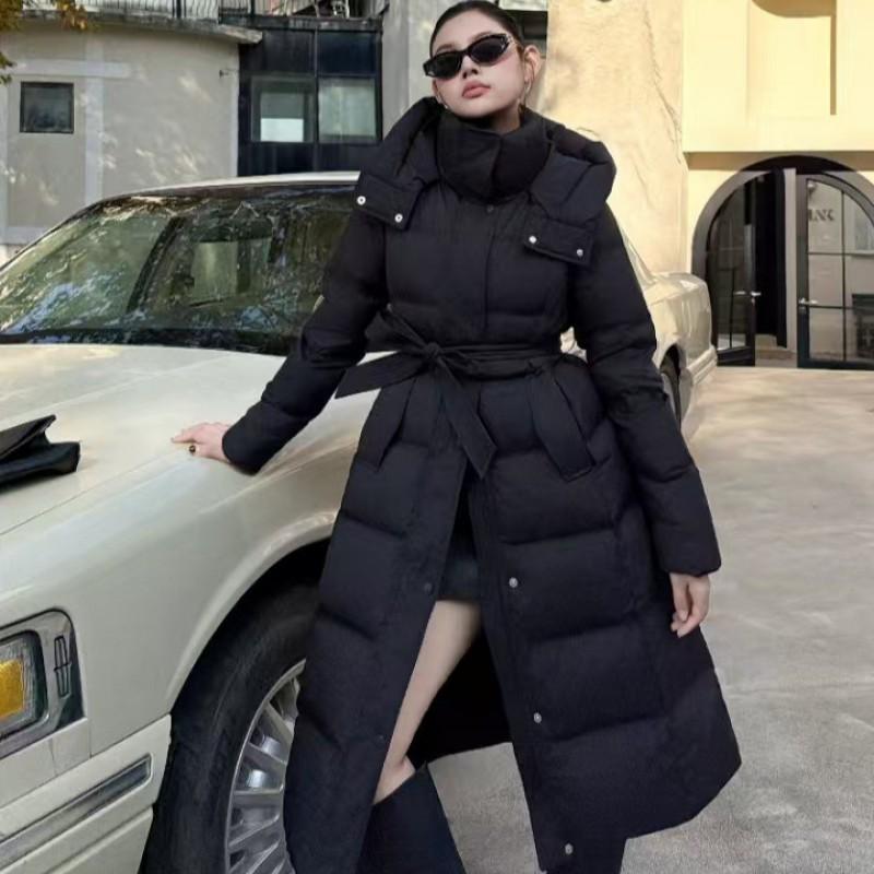 Womens Knee-Length Down Coat With Hood Slim Fit Warm White Duck Jacket Winter 2026
