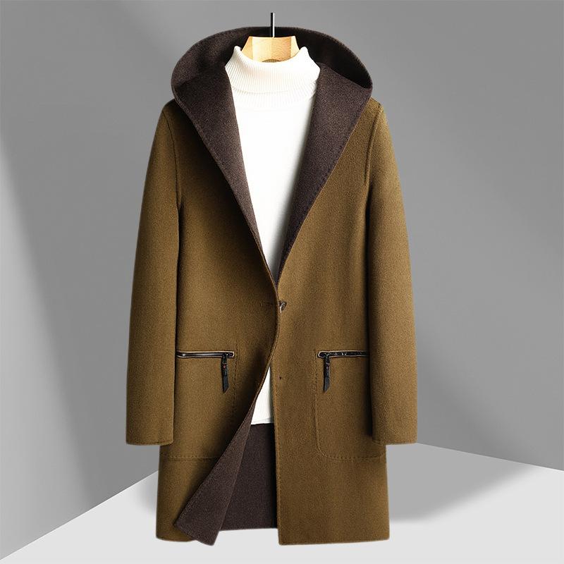 Осенне-зимнее двухстороннее шерстяное пальто для людей среднего возраста и молодежи с капюшоном двухстороннее модное повседневное шерстяное пальто