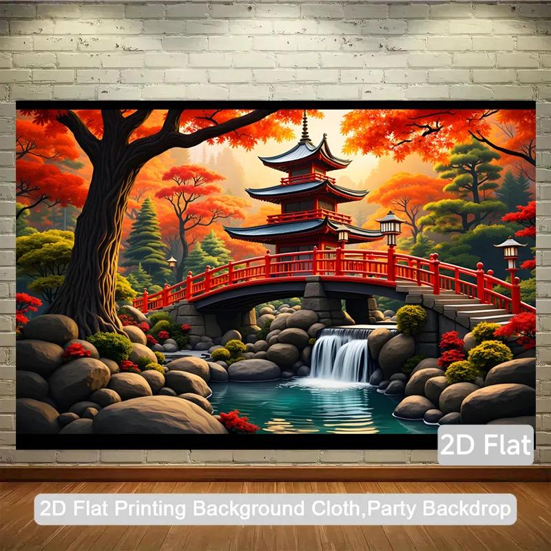 1 piece of 2D plane, Japanese garden autumn scene, polyester photographic 2D background cloth