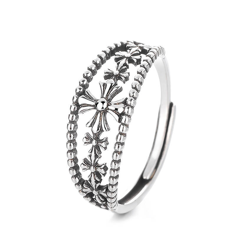Plain Circle Cross Retro Creative Korean Version S925 Sterling Silver Old Trend Niche Index Finger Opening Ins Ring Women