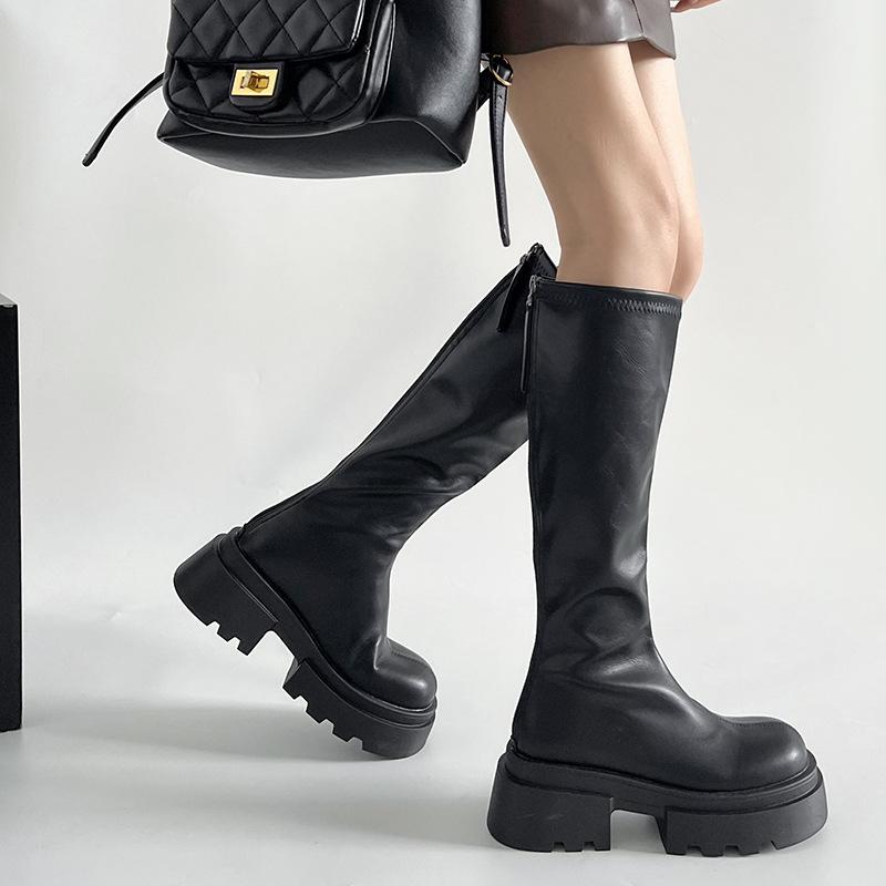 Brown Retro British Style Thick Heel Platform Boots Women's 2025 New Spring and Autumn But Knee Height Knight Boots