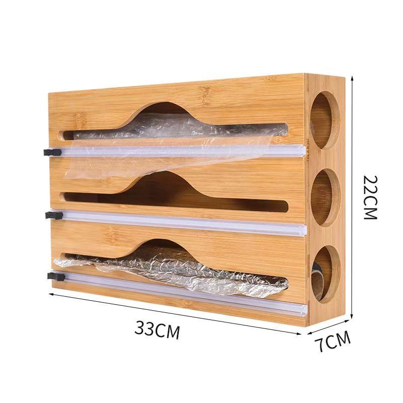 Wood Plastic Wrap Dispenser Kitchen Wall Mounted Storage Box Bake Paper Holder Trash Bag Organizer Cling Film Cutter Multi Layer