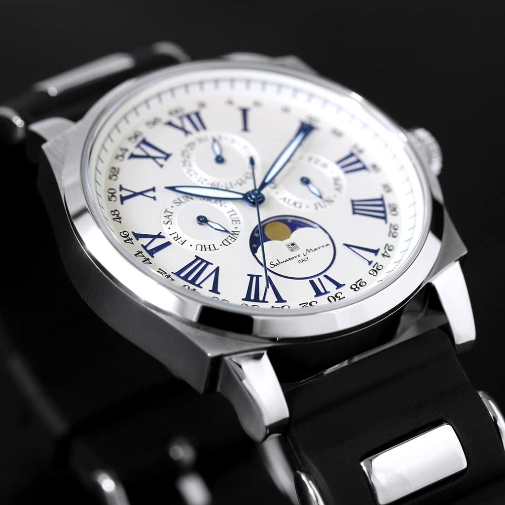 Salvatore Marra Men's Moon Phase Watch, Model SM22105, Multi-Calendar, Rubber & Steel Strap, Limited Edition, Roman Numerals