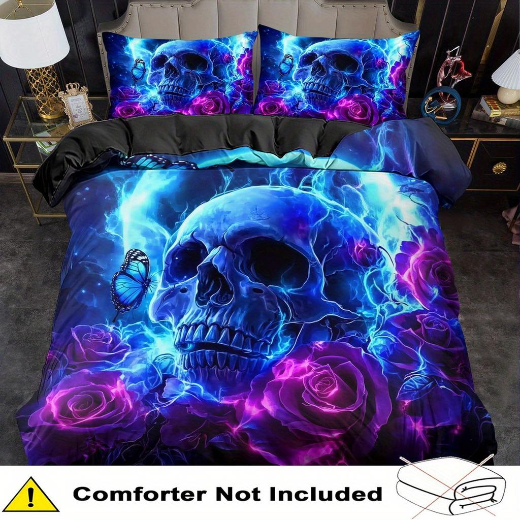 3PCS Fantasy Blue Skull 3D Digital Visual Printed Quilt Cover Set Duvet Cover No Filling Cool King Queen Size For Bedroom Decor