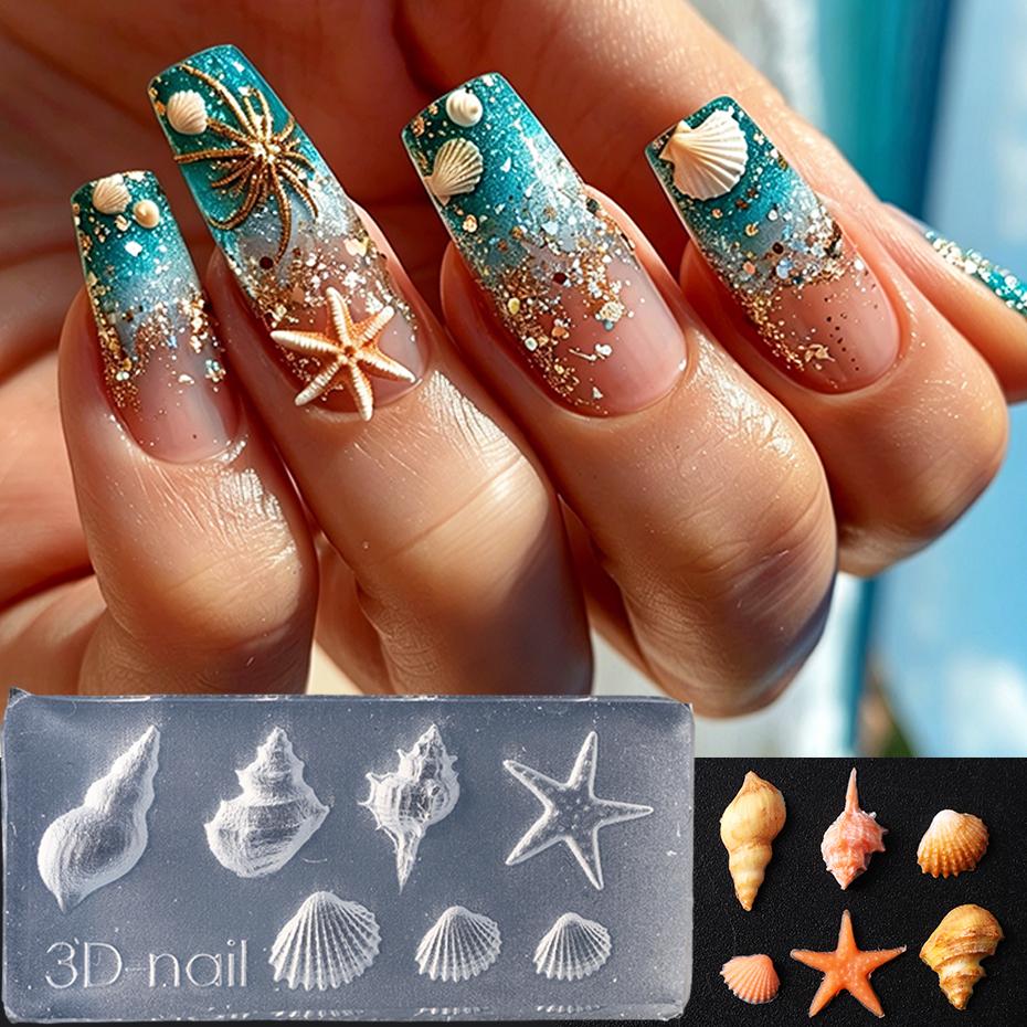 Xiaomi 1pcs Ocean Nail Art Silicone Mold Starfish, Seashells, Conches Patterns Embossed Stamping Template Stencil Summer Nail Decor