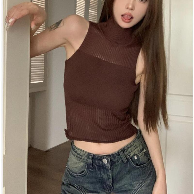 Women's Summer Hollow Half High Neck Sleeveless Thin Tank Top