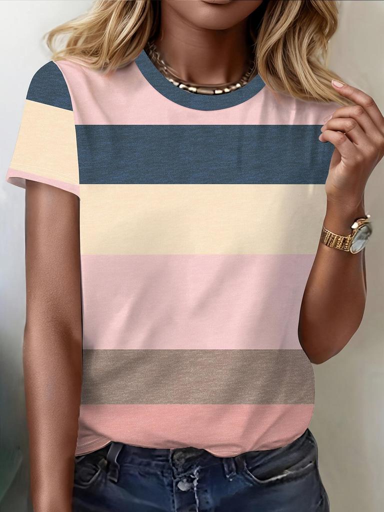 Женский клетчатый и полосатый топ с коротким рукавом и круглым вырезом большого размера - Желтый/Красный, Коллекция 2025