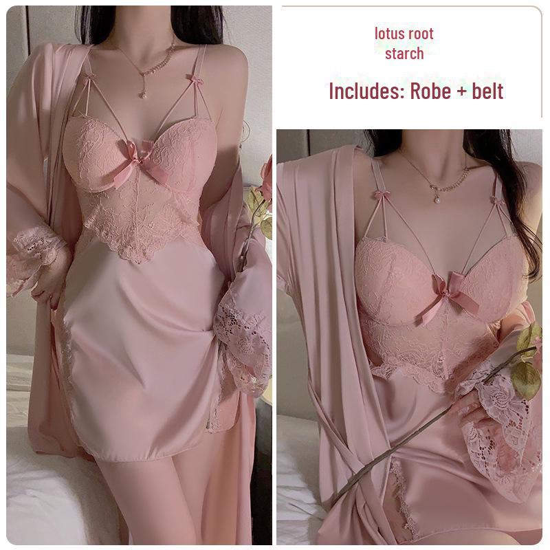 Пижамный комплект Guiruo Plus Size с нагрудными накладками и поддерживающими ремнями - Включает ночную рубашку и уютный халат