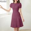 Women Summer Round Neck Short Sleeve Slim Waist Casual Pleated Dress