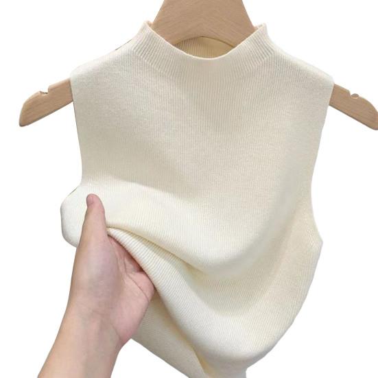 Women Knitted Vest Tops Slim Fit Half-High Collar Sleeveless Top Solid Color Stretchy Knit Blouse Daily Wear