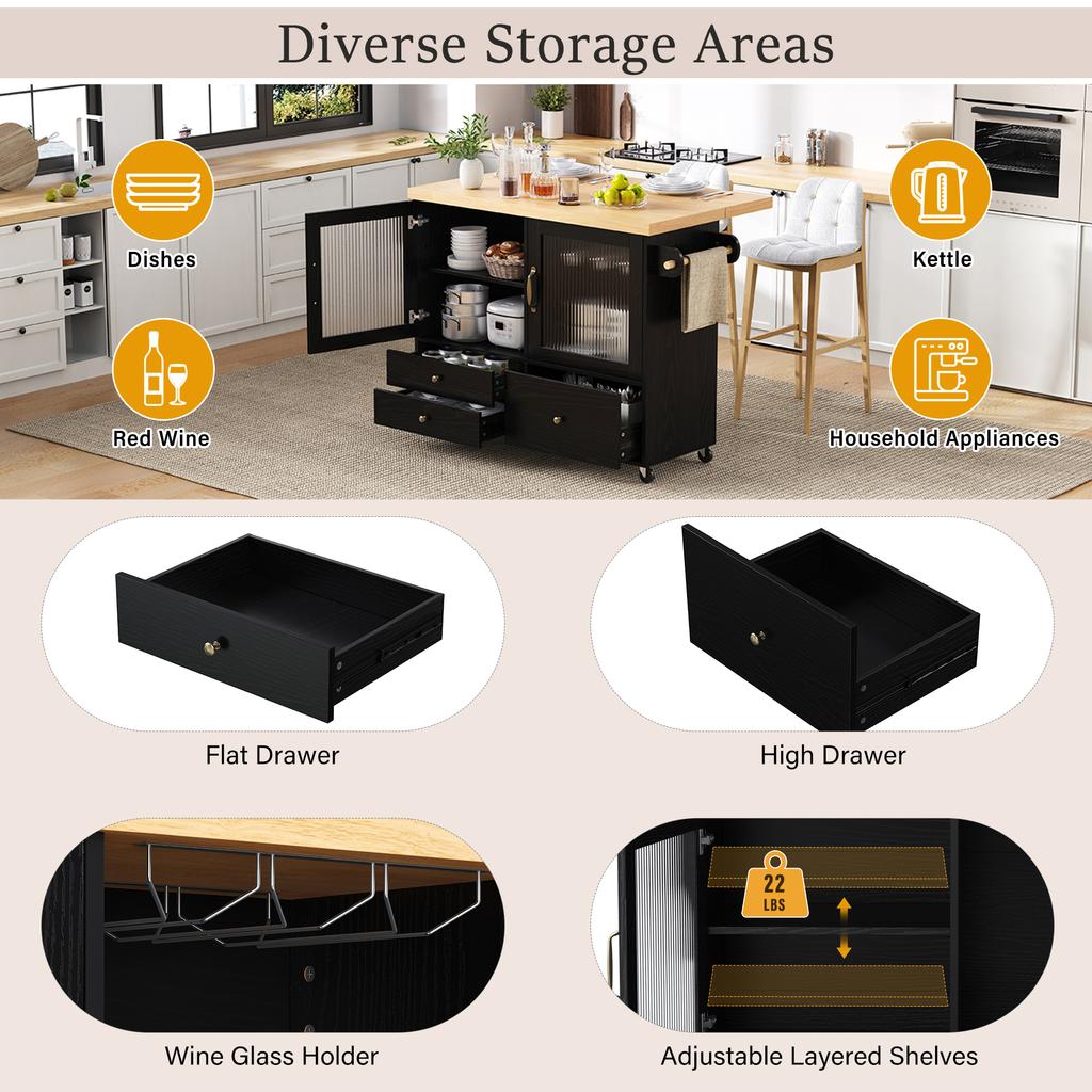 Mobile kitchen island with wheels and pull-out dining table, kitchen trolley with wine glass holder and storage, for kitchen and dining room (Black)