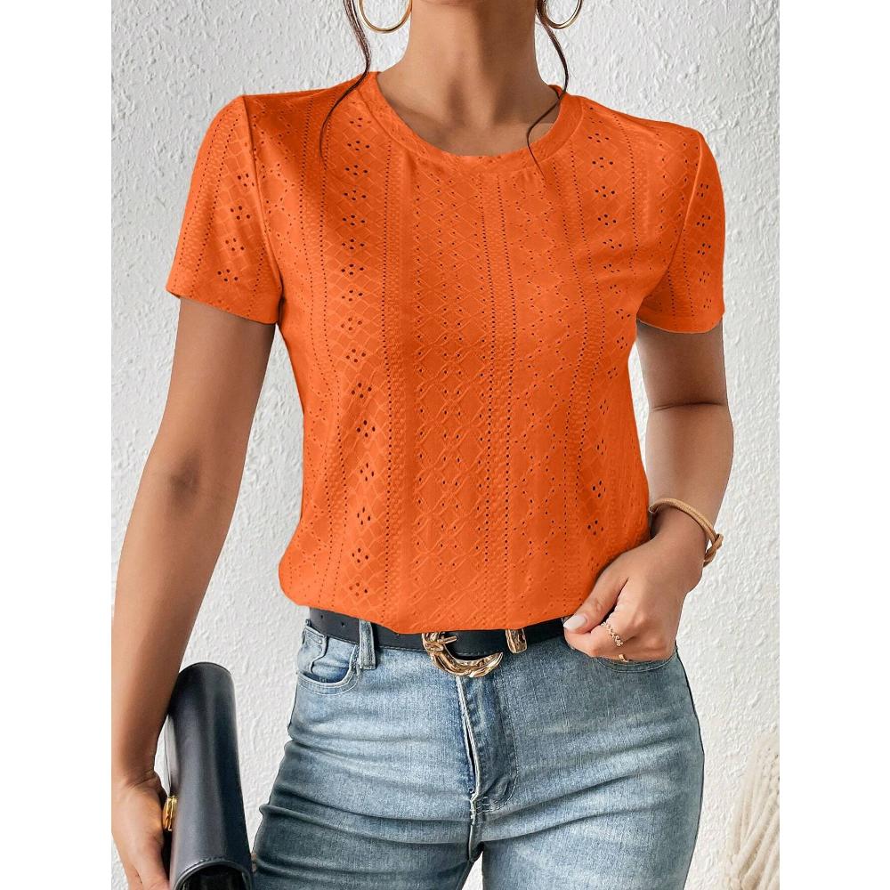 Frenchy Solid Eyelet Вышивка Круглый вырез Белая футболка Commute Минималистичный Офис Old Money Simple Commute Минималистичный Офис Old Money Simple