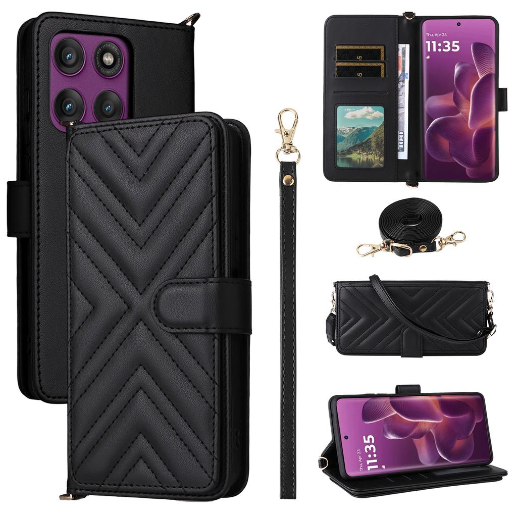 For Motorola Edge 60 Pro 5G Case with Shoulder/Wrist Strap Leather Phone Cover Stand Wallet