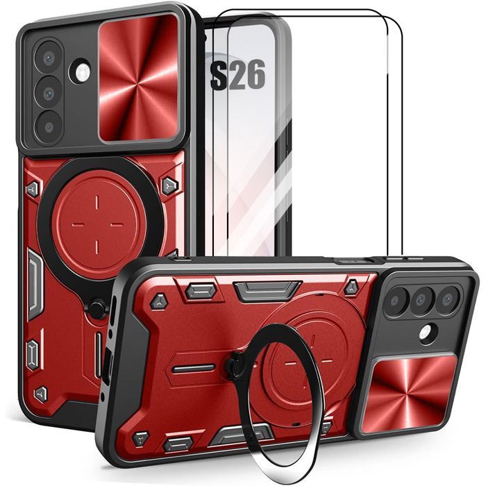 Coque Anneau - BOOLING - pour Samsung Galaxy S26 - avec Protection Caméra - 2 Vitres - Rouge