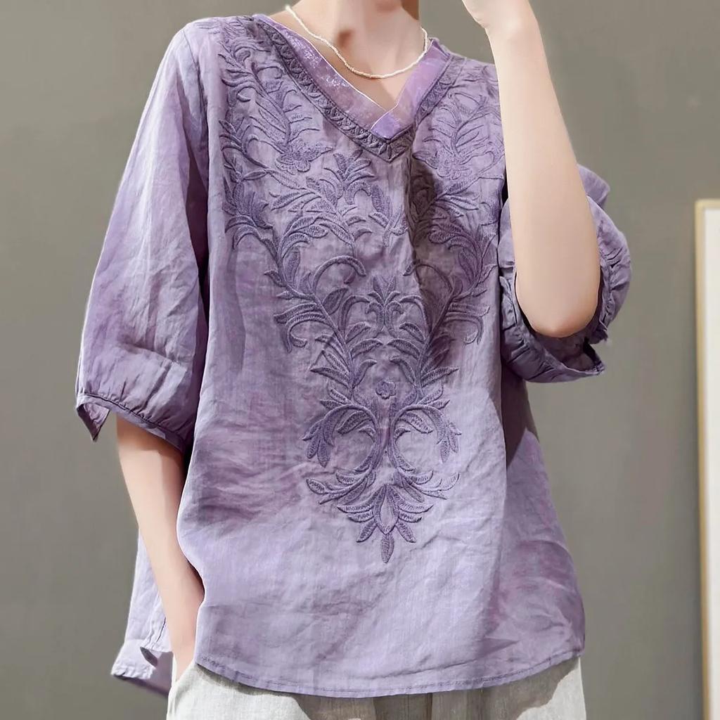 Women's Summer Solid Color Embroidery V-neck T-shirt Literary Retro Loose Half-sleeve Casual Tops