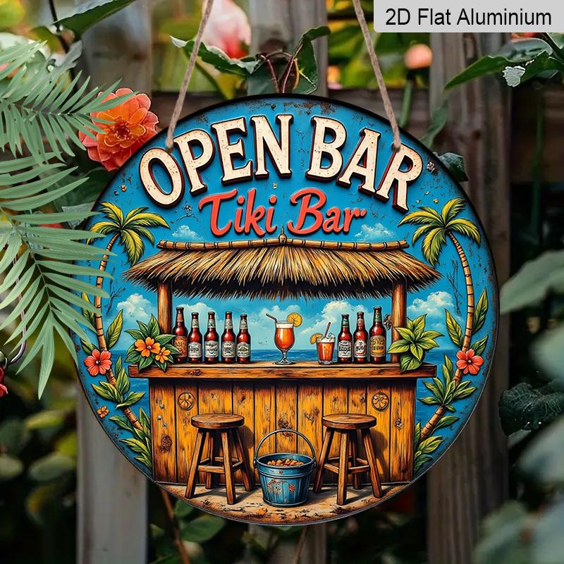 2D Flat - 1pc Vintage Tropical Beach Tiki Bar Metal Aluminum Sign, Aluminum Wall Art with Palm Trees, Cocktails & "Open Bar" Text - Vibrant Coastal