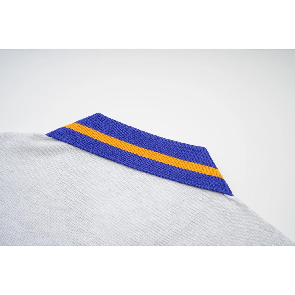 Мужская рубашка поло с длинным рукавом серого цвета с синими и желтыми акцентами, с логотипом и вышивкой «Мадрид»