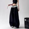 Womens Wide Leg Pants Solid Color Loose Lace Drawstring Casual Korean Style Trousers