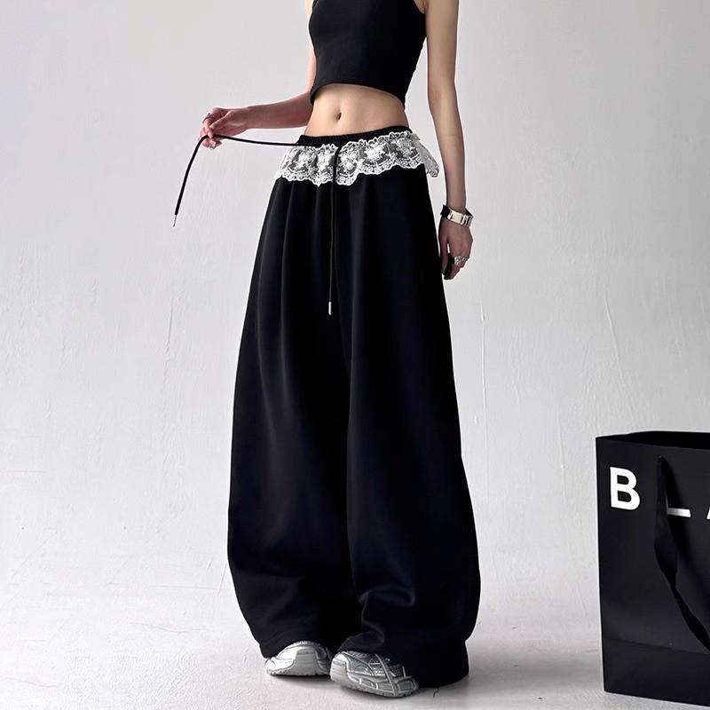 Womens Wide Leg Pants Solid Color Loose Lace Drawstring Casual Korean Style Trousers
