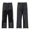 High-Quality Washed Denim Jeans Men Women Slim Flare Leg Black Blue Color Block Mid-Rise Cotton Blend