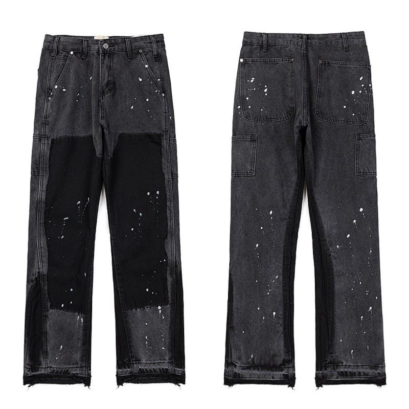 High-Quality Washed Denim Jeans Men Women Slim Flare Leg Black Blue Color Block Mid-Rise Cotton Blend