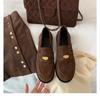 Sheepskin, Genuine Leather, Suede, Round Head, Small Gold Coins, Low-heeled Retro Loafers, Women's Lazy Small Leather Shoes