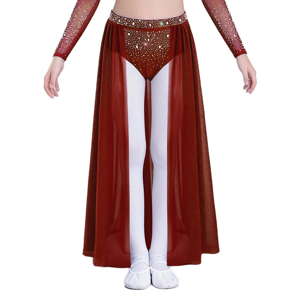 Complete Stage Look Skirt for Girls: Sparkling Rhinestone Accent on Flowy Sheer Mesh, Includes Secure Built-in Shorts