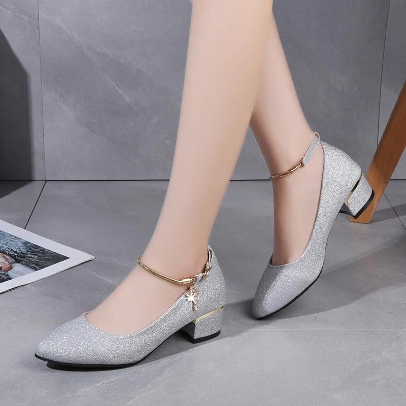 Fashion Women Wedding High Heel Shoes Silver Black Ankle Strap Crystal Shallow Chunky Block Heel Pumps Lady Heels Mary Jane Shoes