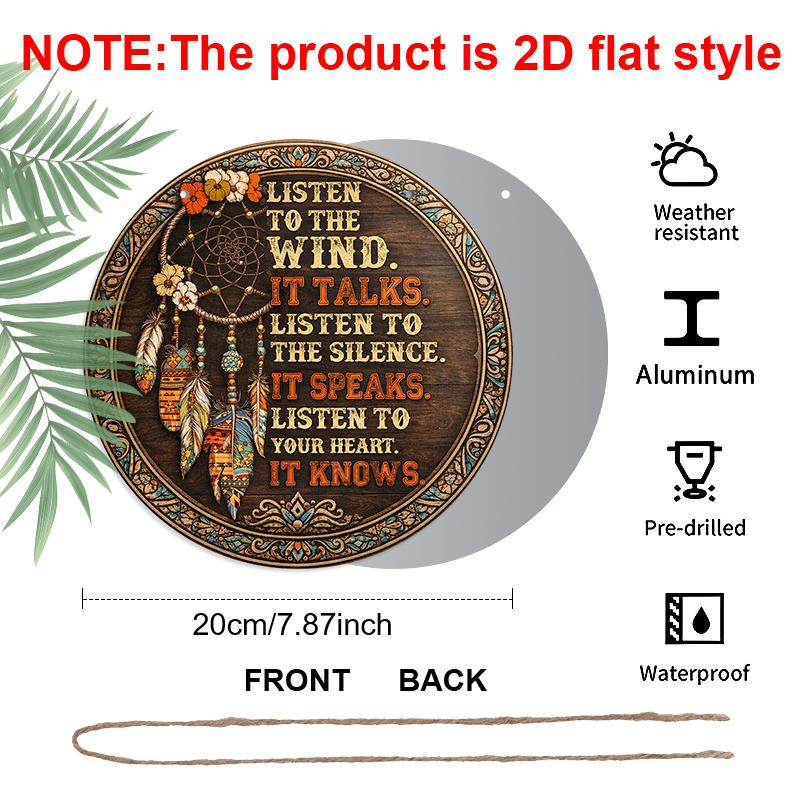 2D Flat - 1pc Round Aluminum Sign | Bohemian Indian Feather Art Wall Decor And Inspirational Quote, Suitable For Living Room, Bedroom, Study, Office