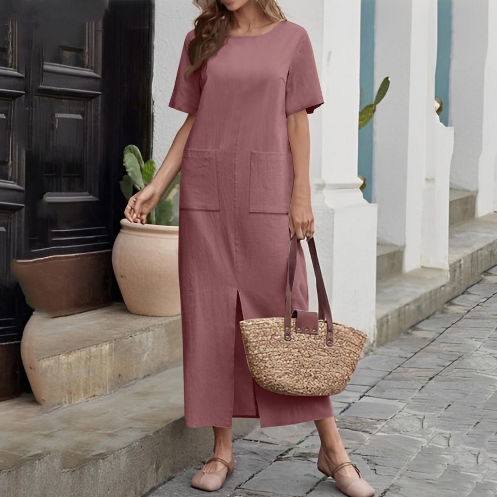 Женское модное платье из хлопка и льна, однотонное, свободное, с круглым вырезом и коротким рукавом