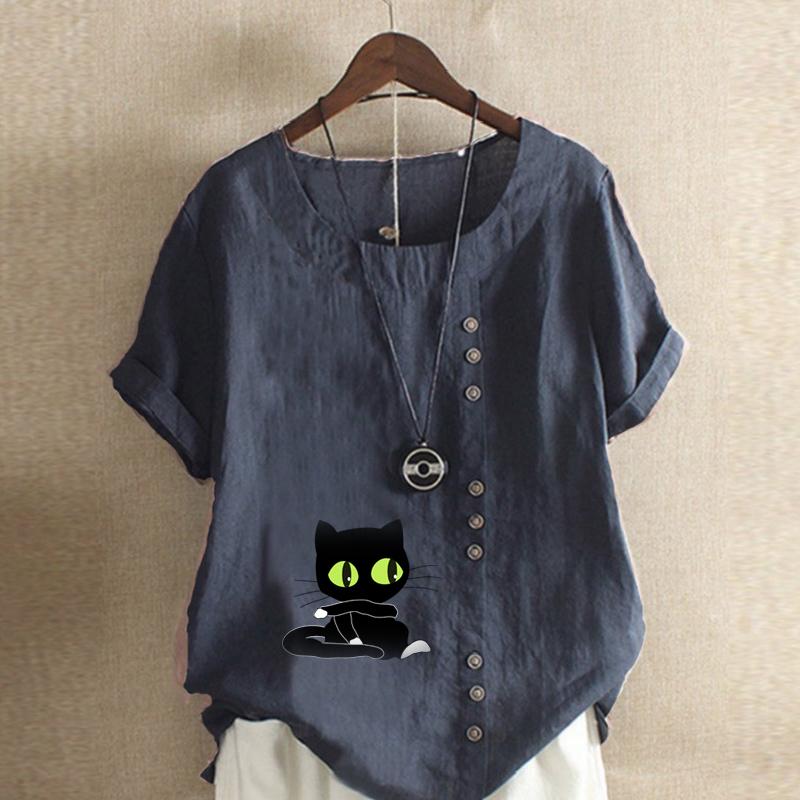 Women's Fashion Round Neck Short Sleeve T-shirt Casual Cotton Linen Graphic Shirt Leisure Loose Black Cat Prined Summer Blouse Tops