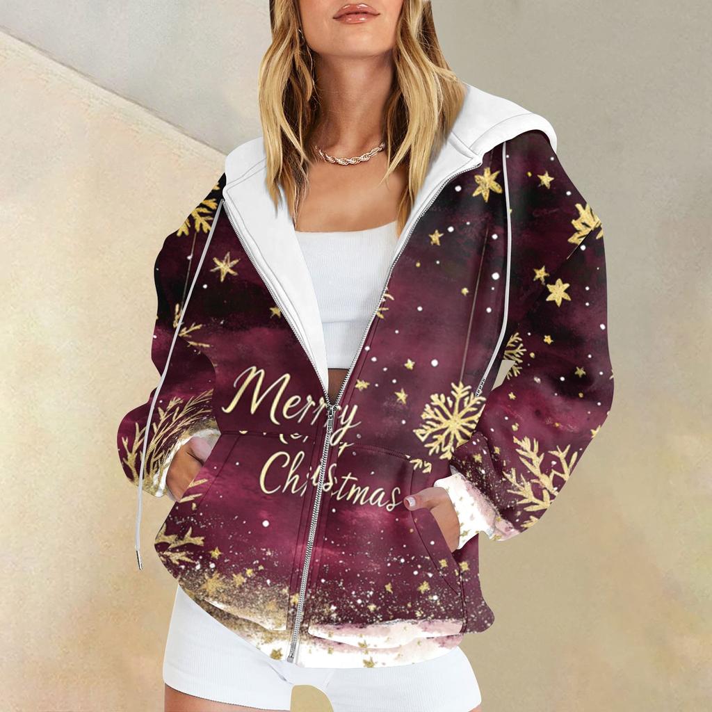Женская мода повседневная рождественская принтовая толстовка зимняя с длинным рукавом кардиган куртка с карманом на молнии толстовка с капюшоном куртка