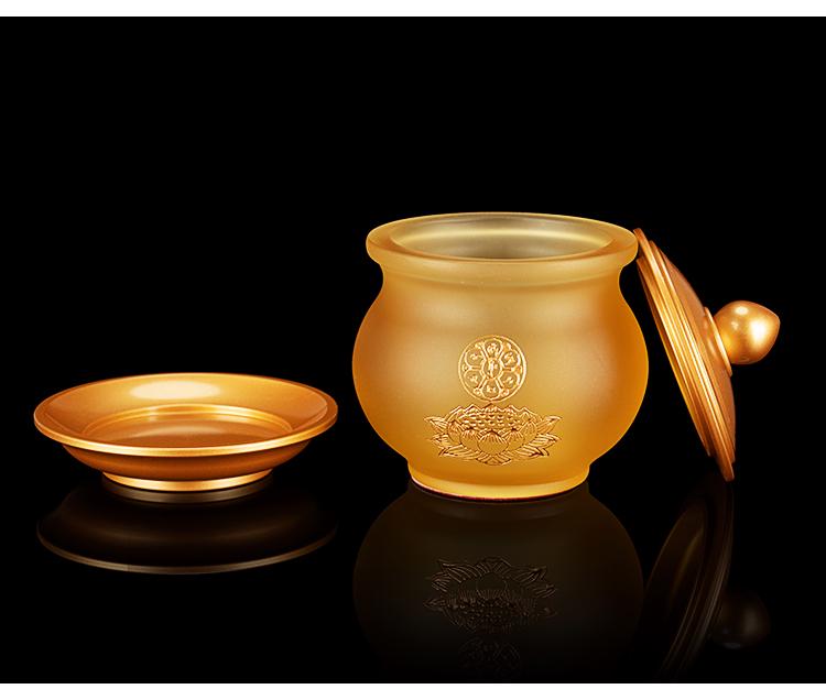 Набор для подношений из чистого медного лиули: Будда, Лампа Гуаньинь, Тарелка, Чашка для воды, Благовонница.