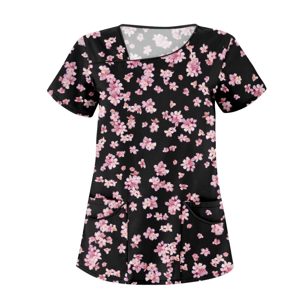 Женская модная рабочая одежда с короткими рукавами с цветочным принтом и верхом с двойными карманами