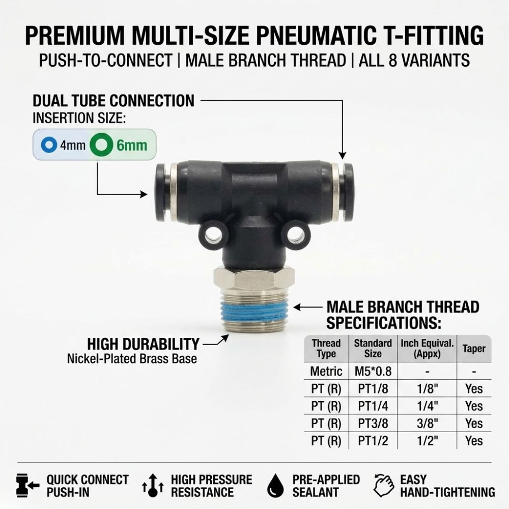 4-6mm Tube Quick Fitting Tee Male Threaded Port Push To Connect Fitting  Industrial Piping