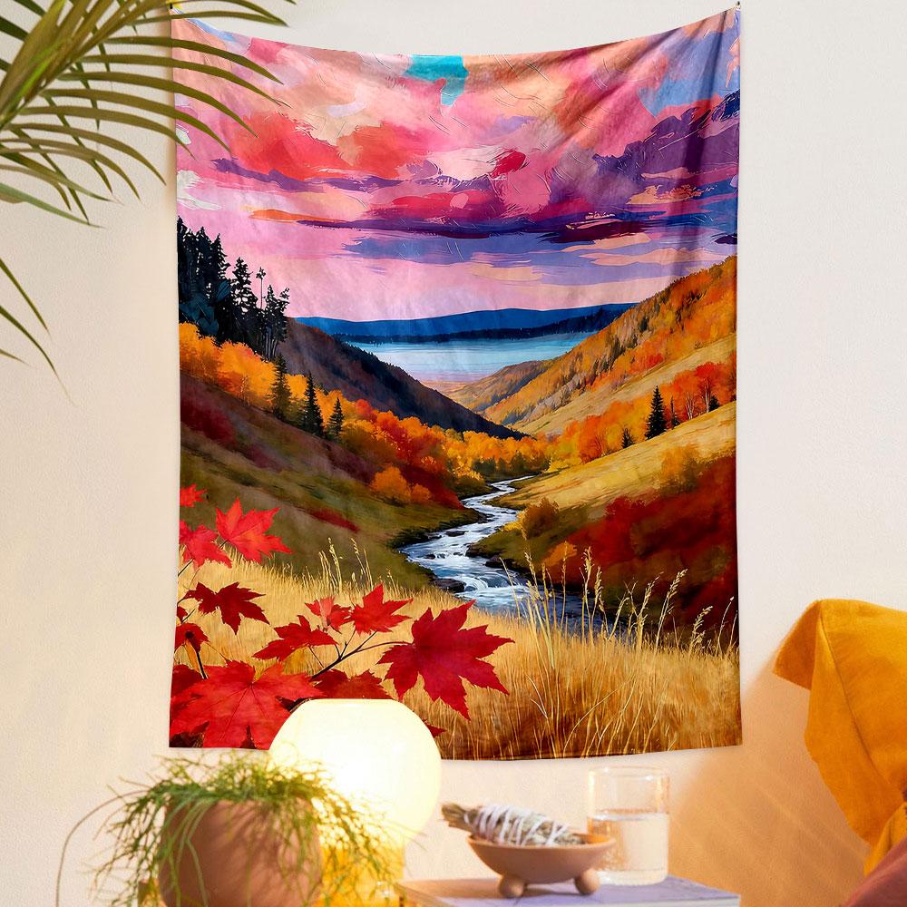 Autumn Valley Sunset Landscape Painting Patterned tapestry home decor, suitable for bedroom and living room, gift