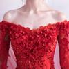 Bride Married Banquet Red Evening Dress Boat Neck Cape Lace Flower Long Prom Party Formal Gown