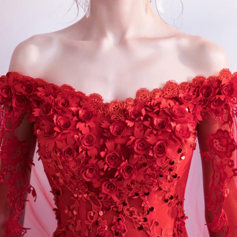 Bride Married Banquet Red Evening Dress Boat Neck Cape Lace Flower Long Prom Party Formal Gown