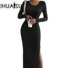 Autumn Winter Long Sleeve O-Neck Slit Knitted Long Dress for Women