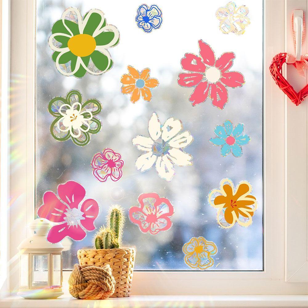 Colorful Sun Catcher Window Stickers Rainbow Prisms Flower Butterfly Bee Floral Decals Waterproof Sunlight Cloud