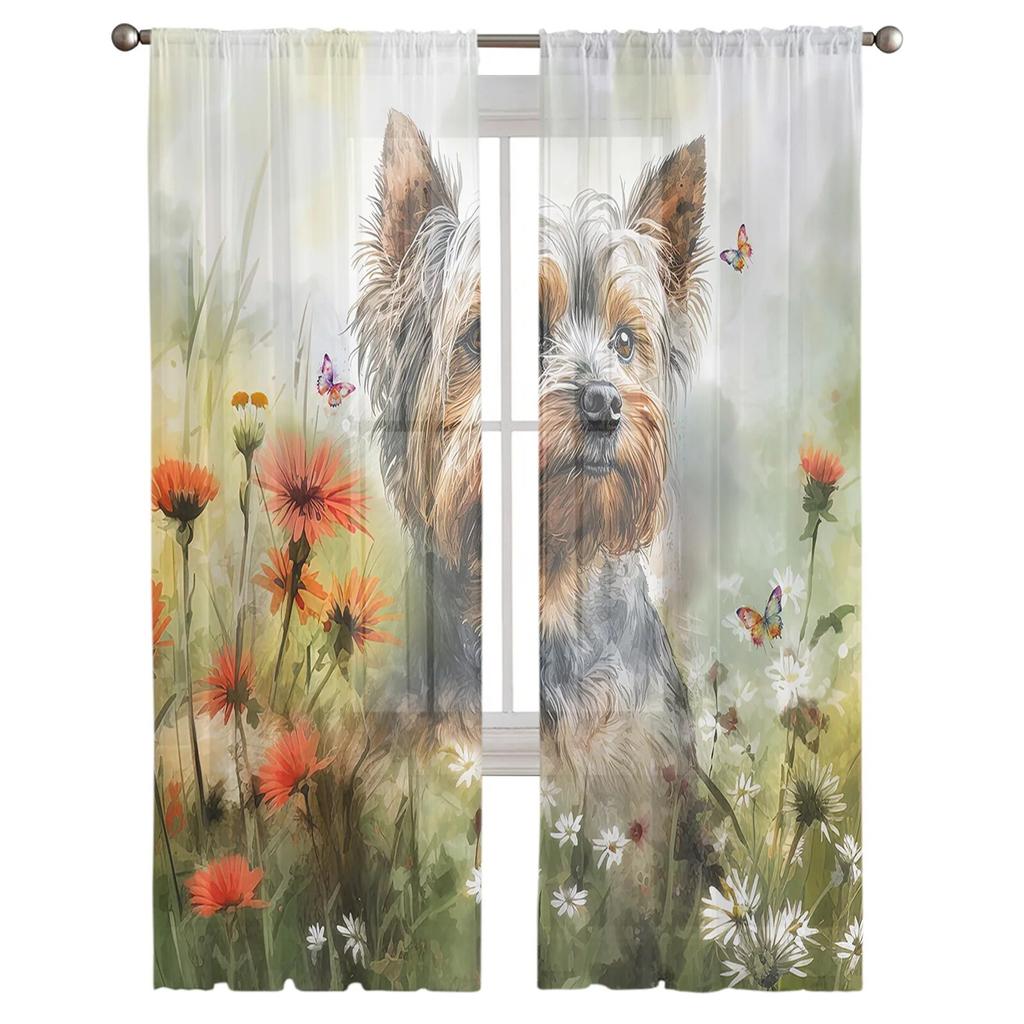 Тюлевые шторы с цветком, собакой, акварелью и бабочкой для гостиной, прозрачные занавески для спальни, оконные жалюзи, вуаль, шторы