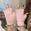 1 Pair Women Winter Half-finger Gloves Faux Fur Thickened Cold Resistant Soft Elastic Warm Knitted Solid Color Five Finger Students Writing Gloves