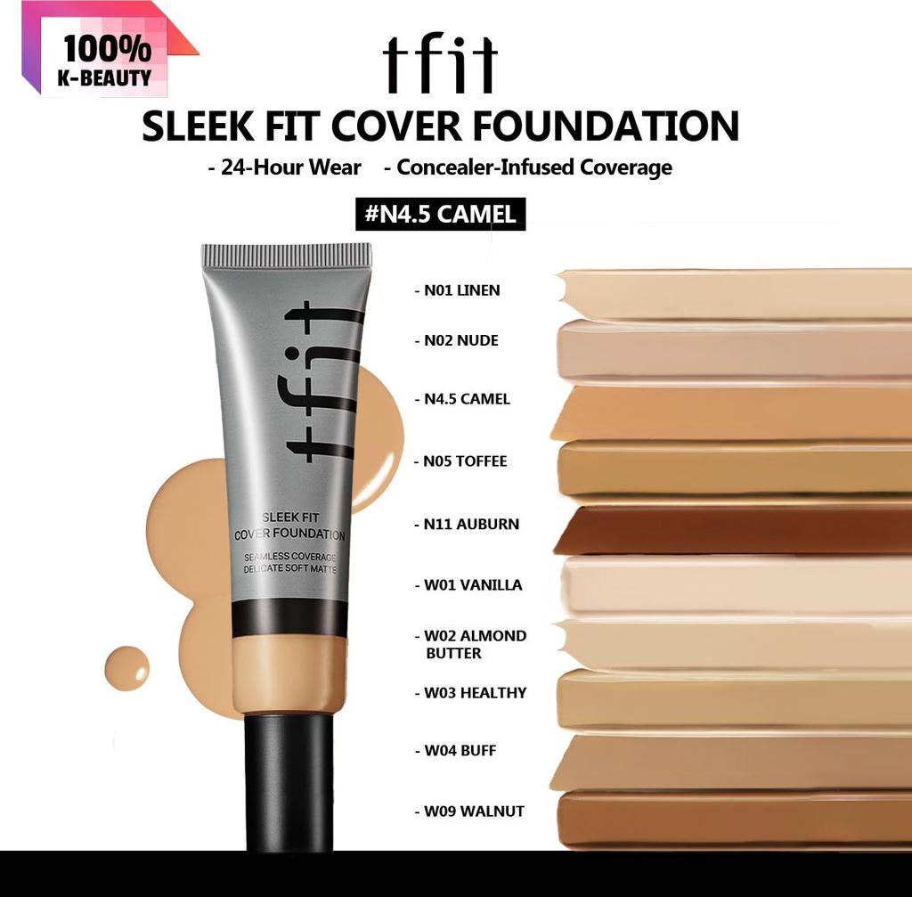 TFIT Тональная основа SLEEK FIT COVER 30 г N01/N02/N4.5/N05/N11, Гладкая матовая текстура, Стойкая база под макияж, Корейская косметика, Корейский макияж