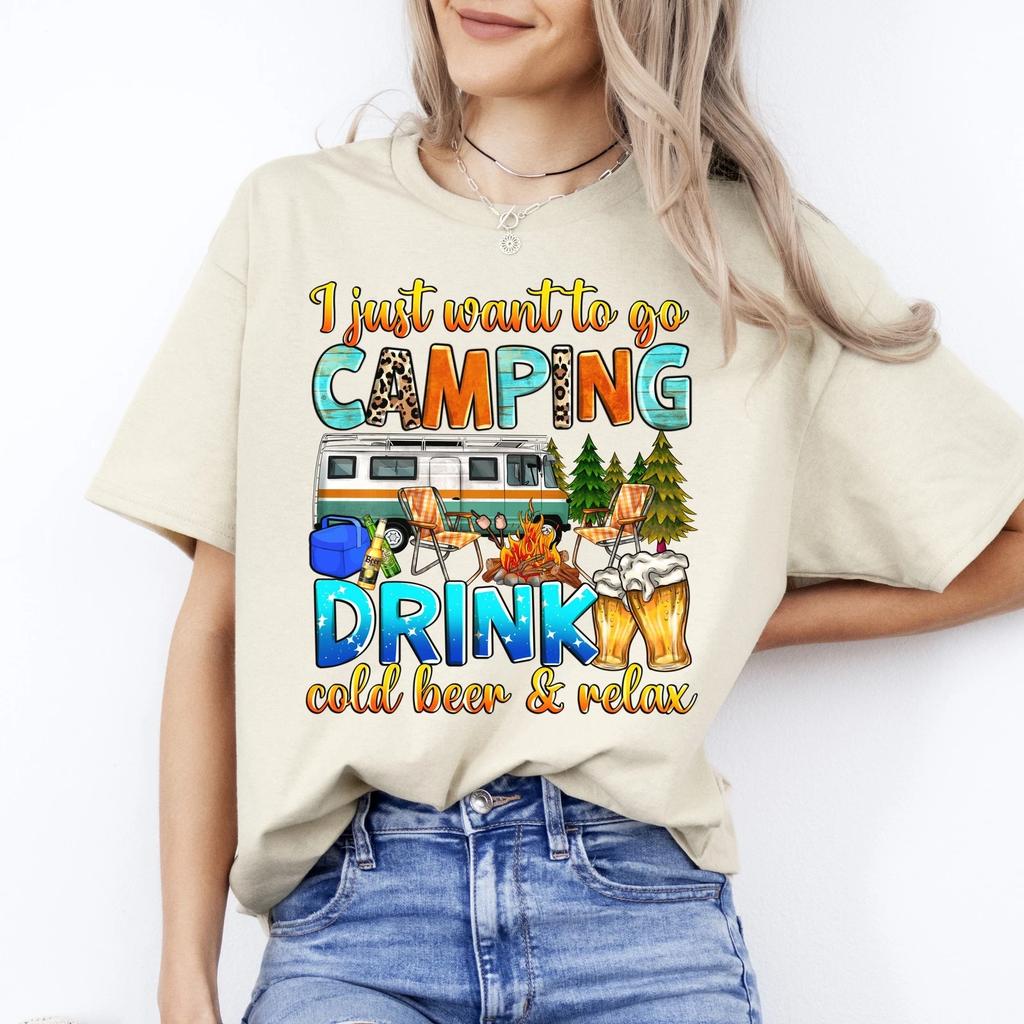 I just want to go camping T-Shirt cold beer camper Unisex Tee Sand White Sport G