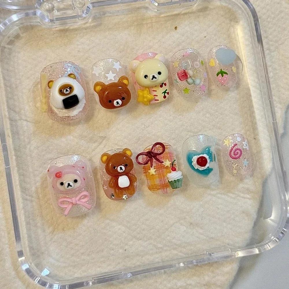 Kawaii Rilakkuma Short Almonds Face Press On Nails 3D Cartoon Japanese Style Customizable Wholesale Girl Party Gift