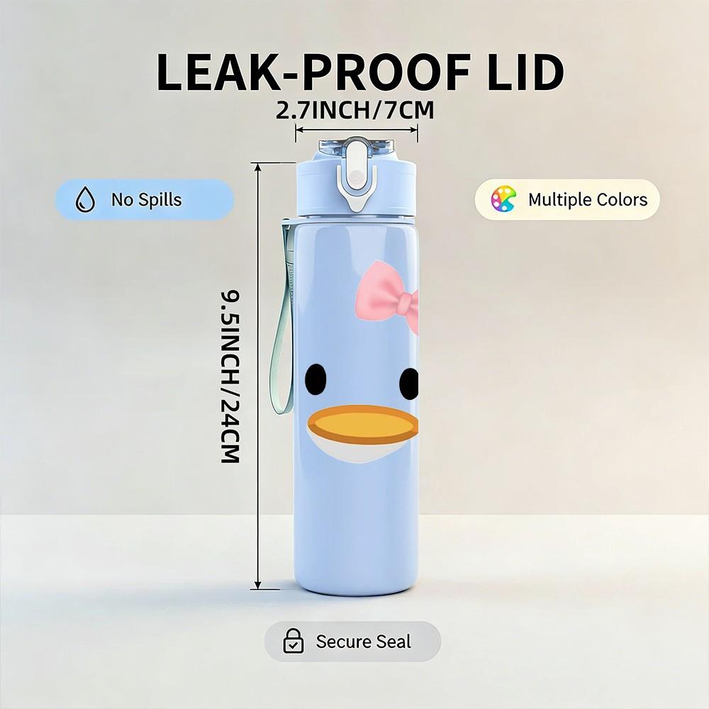 1PC Duck With Pink Bow Cute Cartoon Print 750ml Color Plastic Sports Water Bottle Leakproof Flip Straw Lid Suitable for Sports Office Home Use