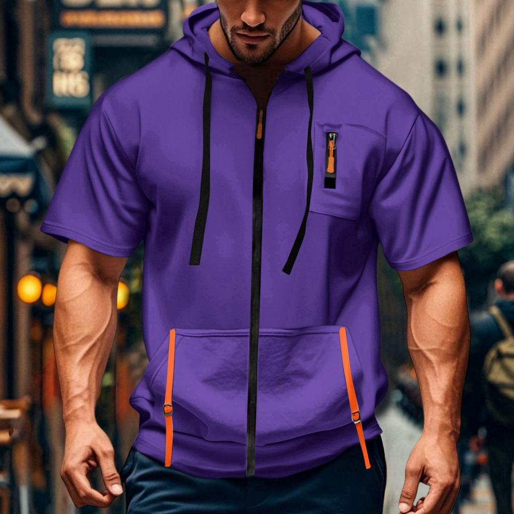 Men's Casual Short-sleeved Sweatshirt. Loose And Breathable Solid-color Sweatshirt Jacket With Multiple Pockets And A Zipper.