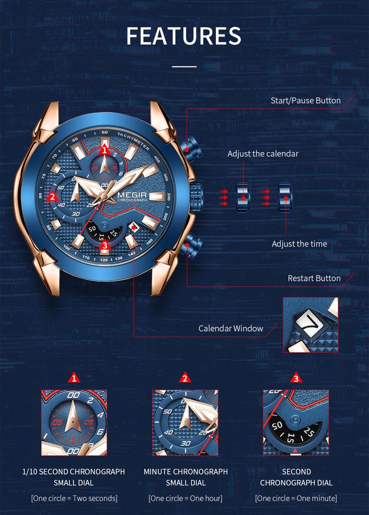 MEGIR Fashion Men Watches Business Chronograph Watch for Men Stainless Steel Quartz Wristwatch Calendar Clock Reloj Hombre 2065