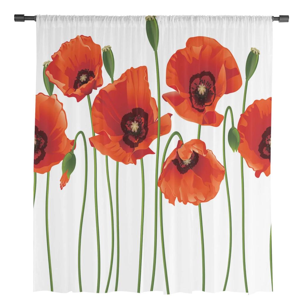 Plant Poppy Texture Flowers Sheer Curtains for Living Room Voile Tulle Curtain for Bedroom Kitchen Home Decor Panel